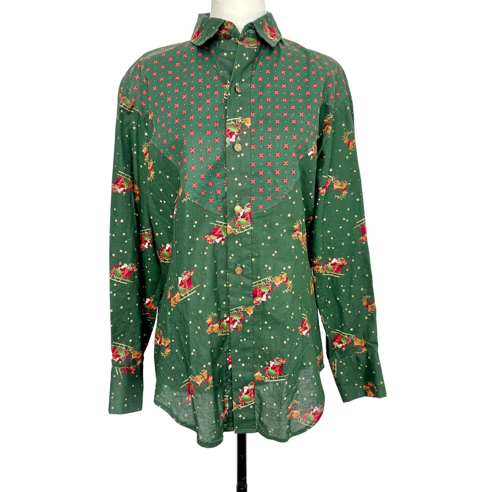 Santa Sleigh Christmas Button Down Western Shirt Reindeer Green Holiday xmas Top